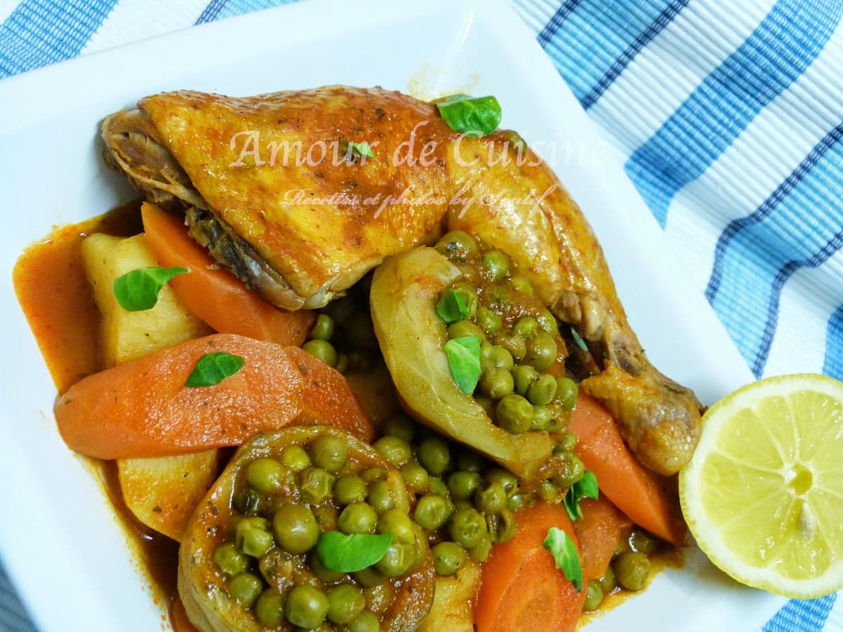 Tajine de petits pois aux artichauts et poulet