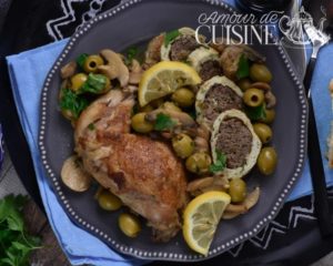 tajine de champignon et roulé de poulet à la viande hachée